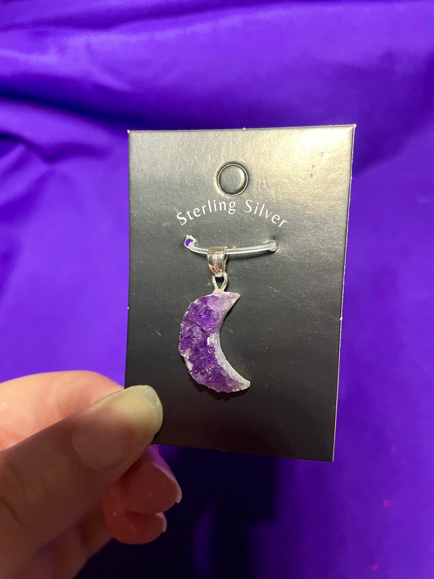 Small Druzy amethyst moon pendant, sterling silver