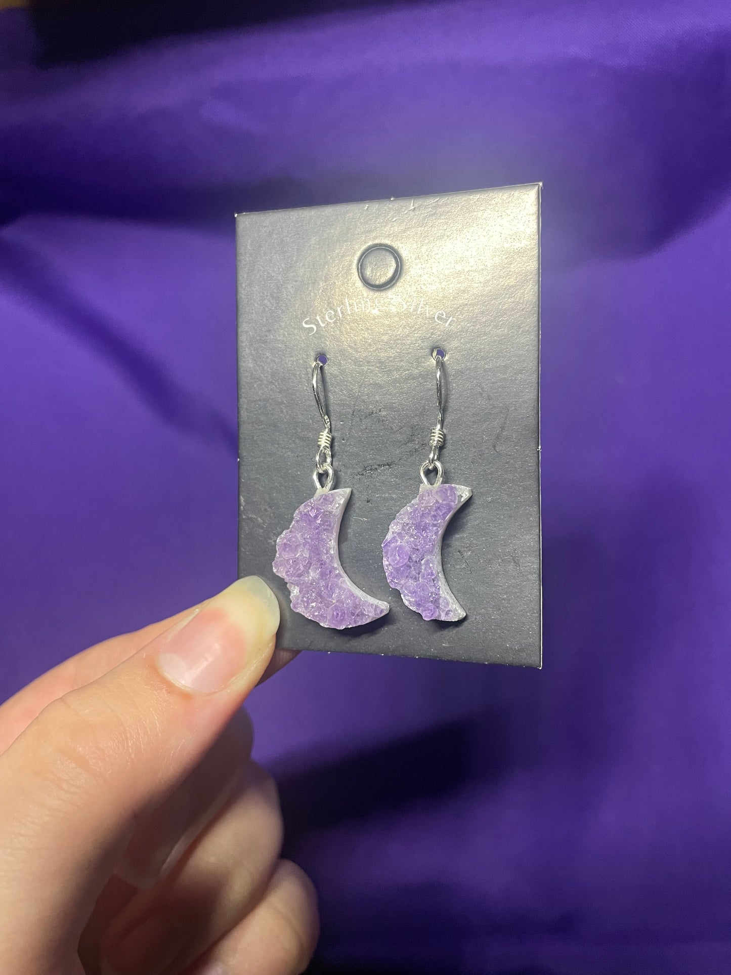 Druzy amethyst moon earrings, sterling silver