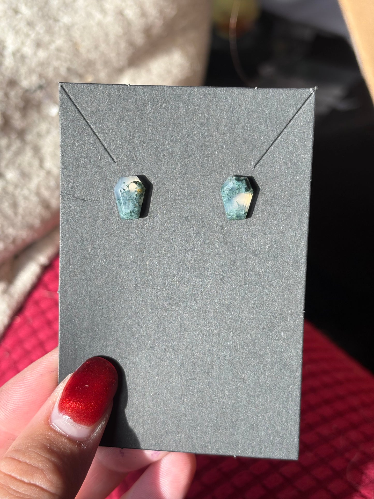 Moss agate coffin stud earrings
