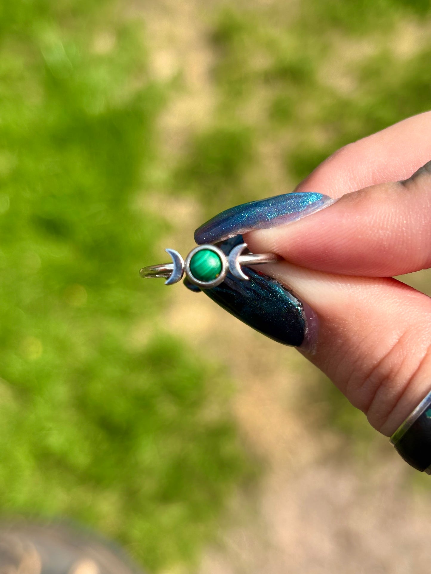 Triple moon gemstone set stainless steel adjustable ring