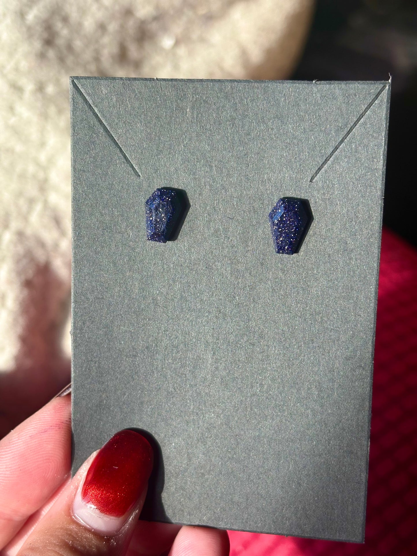 Blue goldstone coffin stud earrings