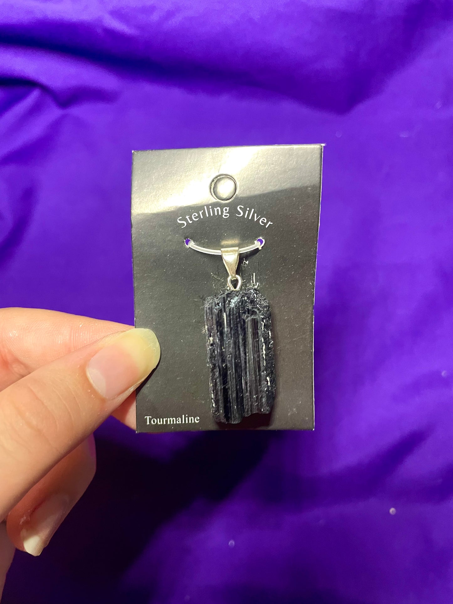 Raw black tourmaline pendant, sterling silver