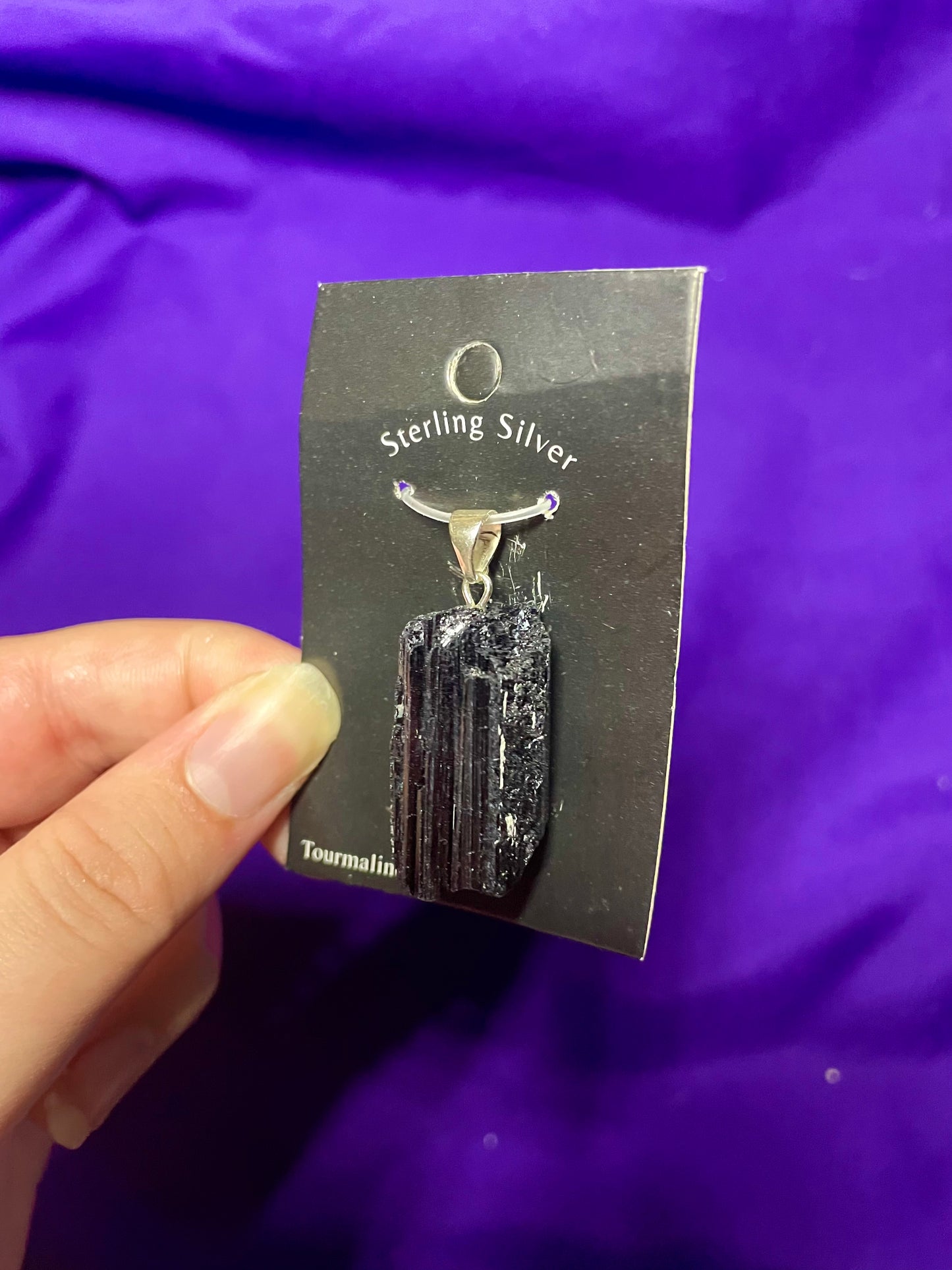 Raw black tourmaline pendant, sterling silver