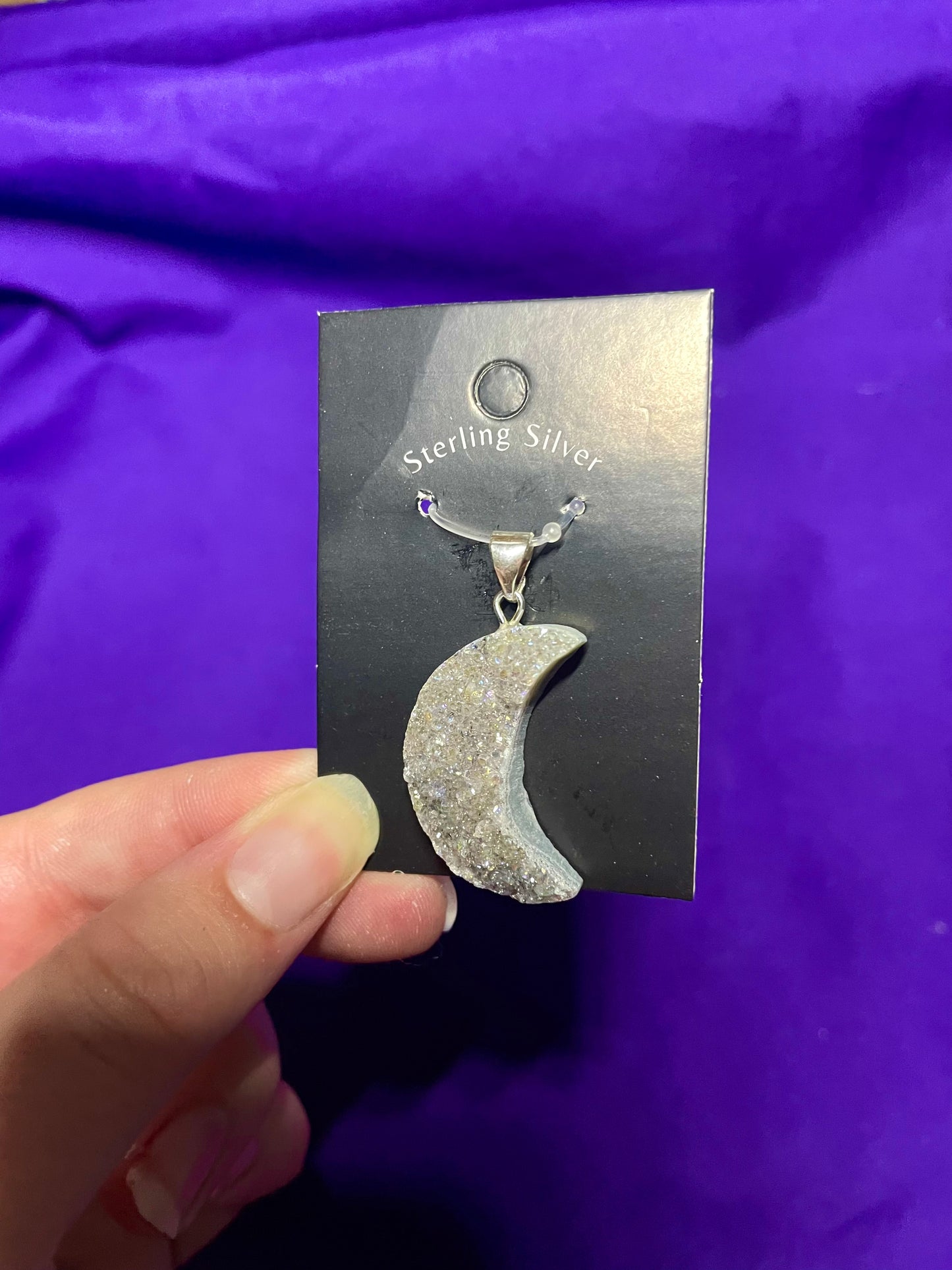 Aura amethyst Druzy moon pendant, sterling silver