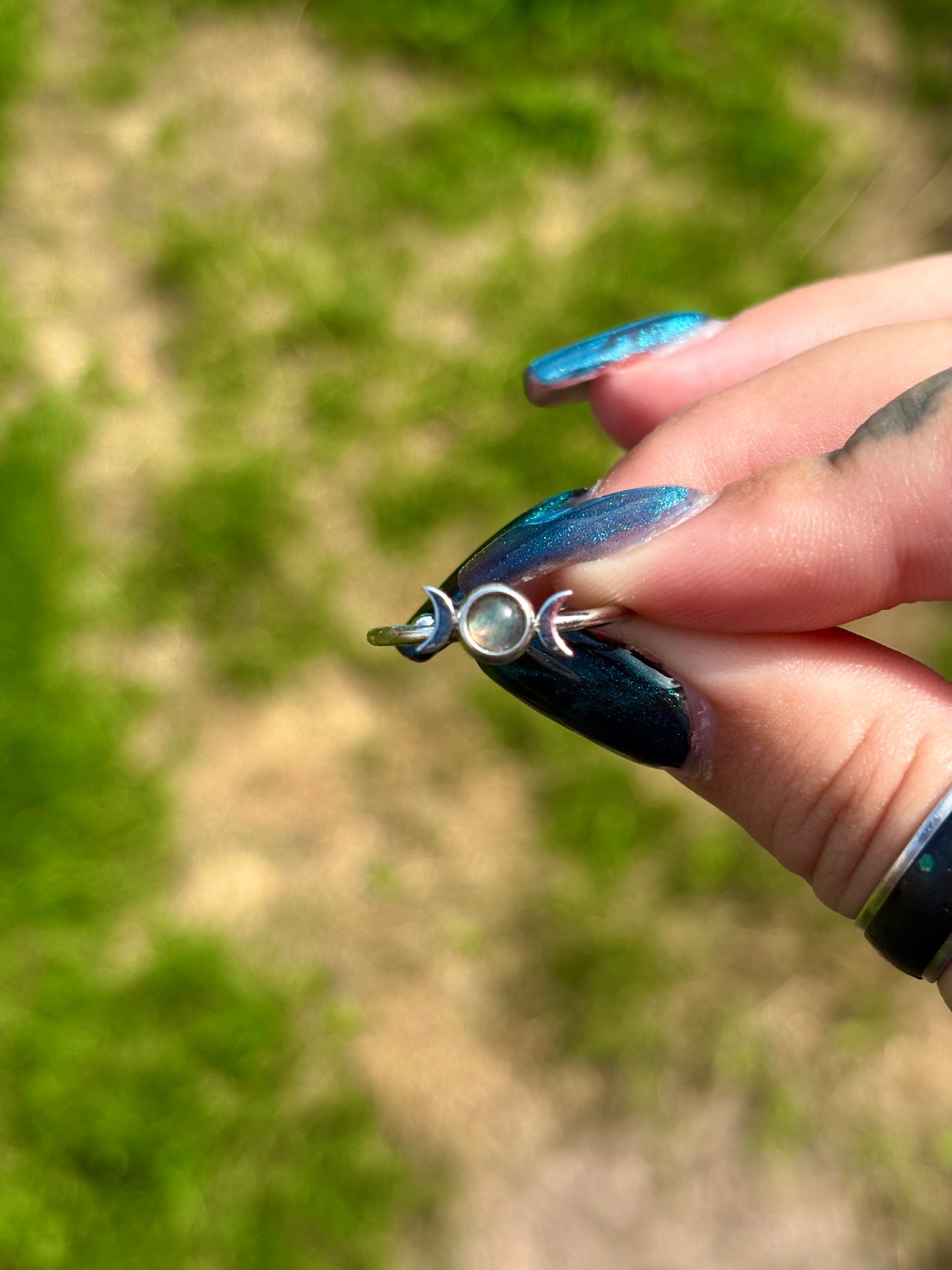 Triple moon gemstone set stainless steel adjustable ring