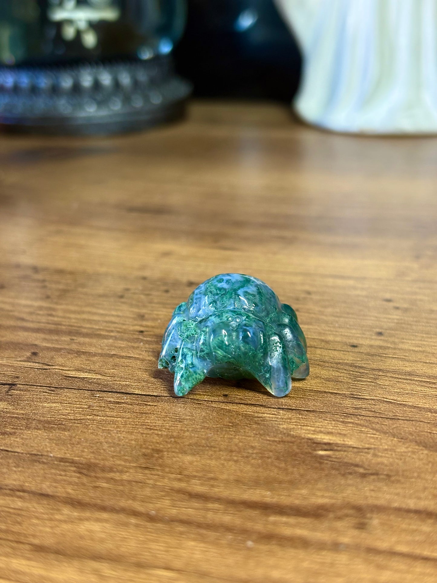 Moss agate spider carving