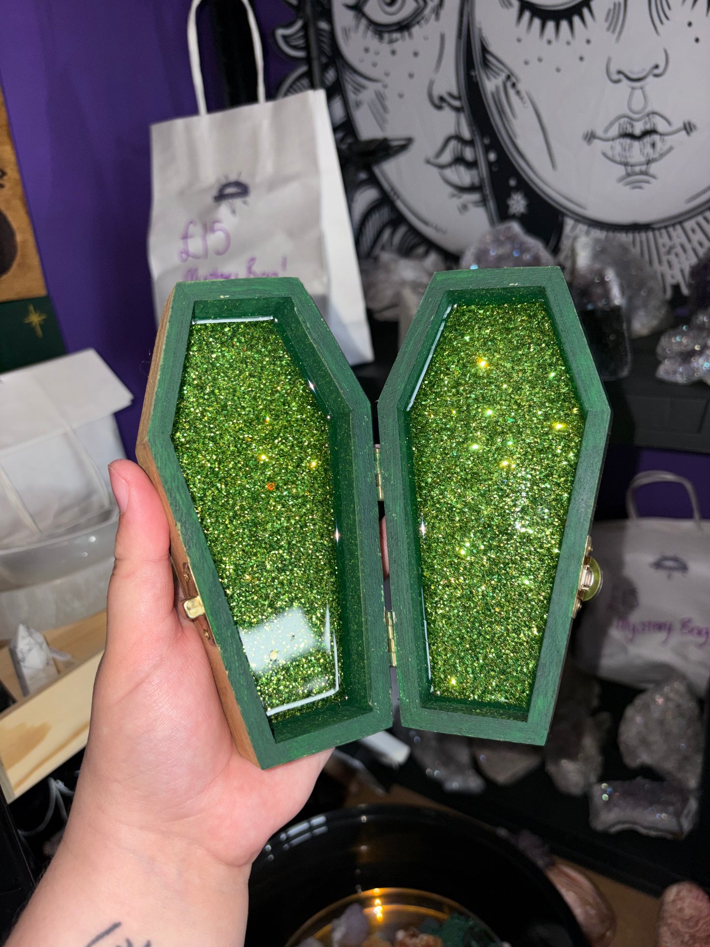 Wooden coffin box with pentagram design