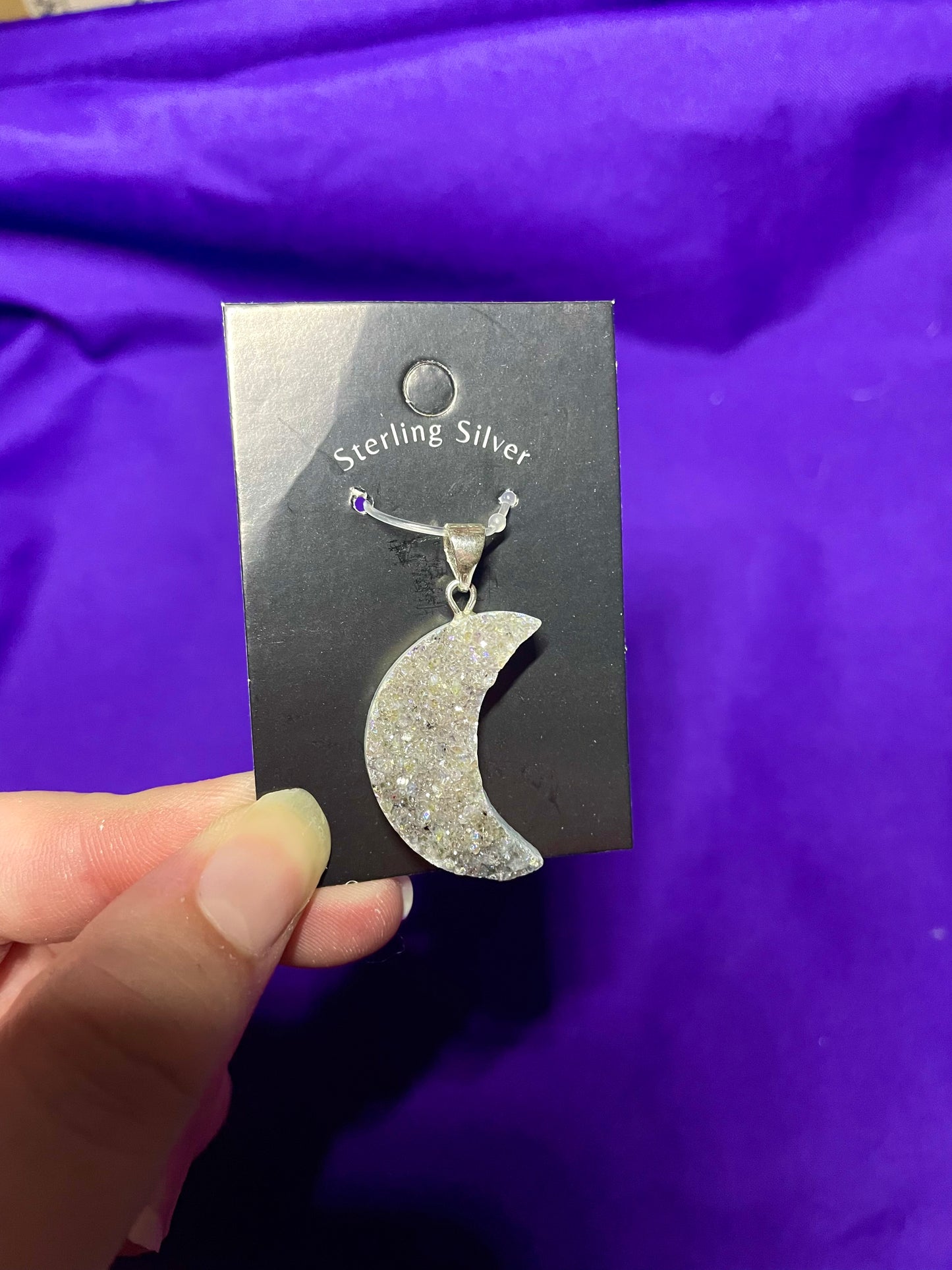 Aura amethyst Druzy moon pendant, sterling silver