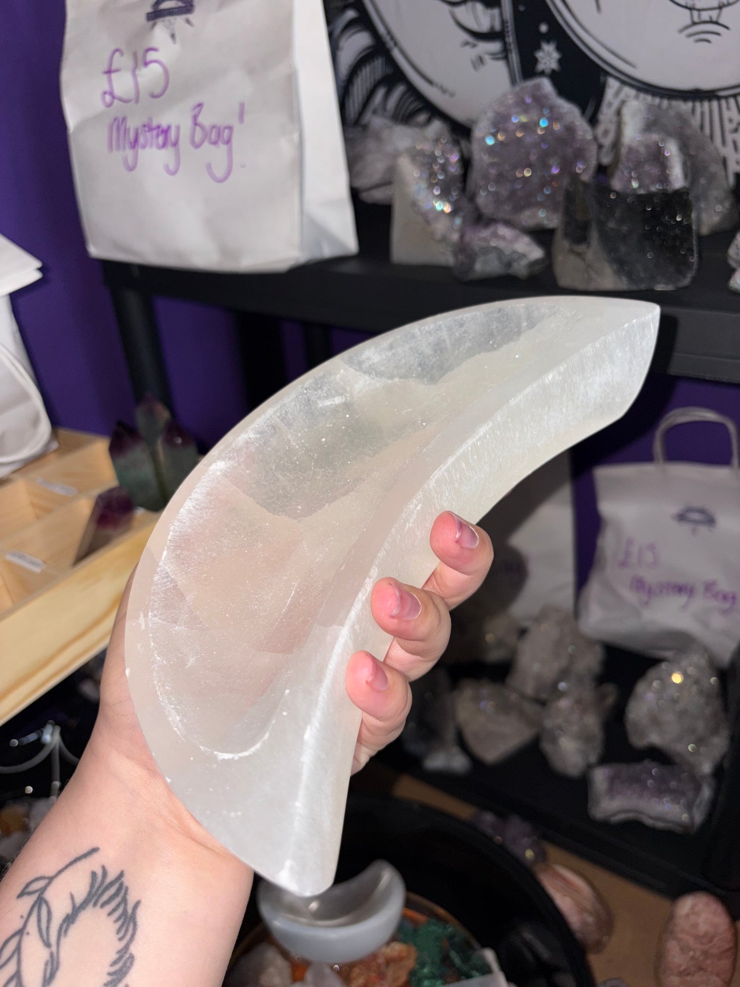 Large selenite moon bowl