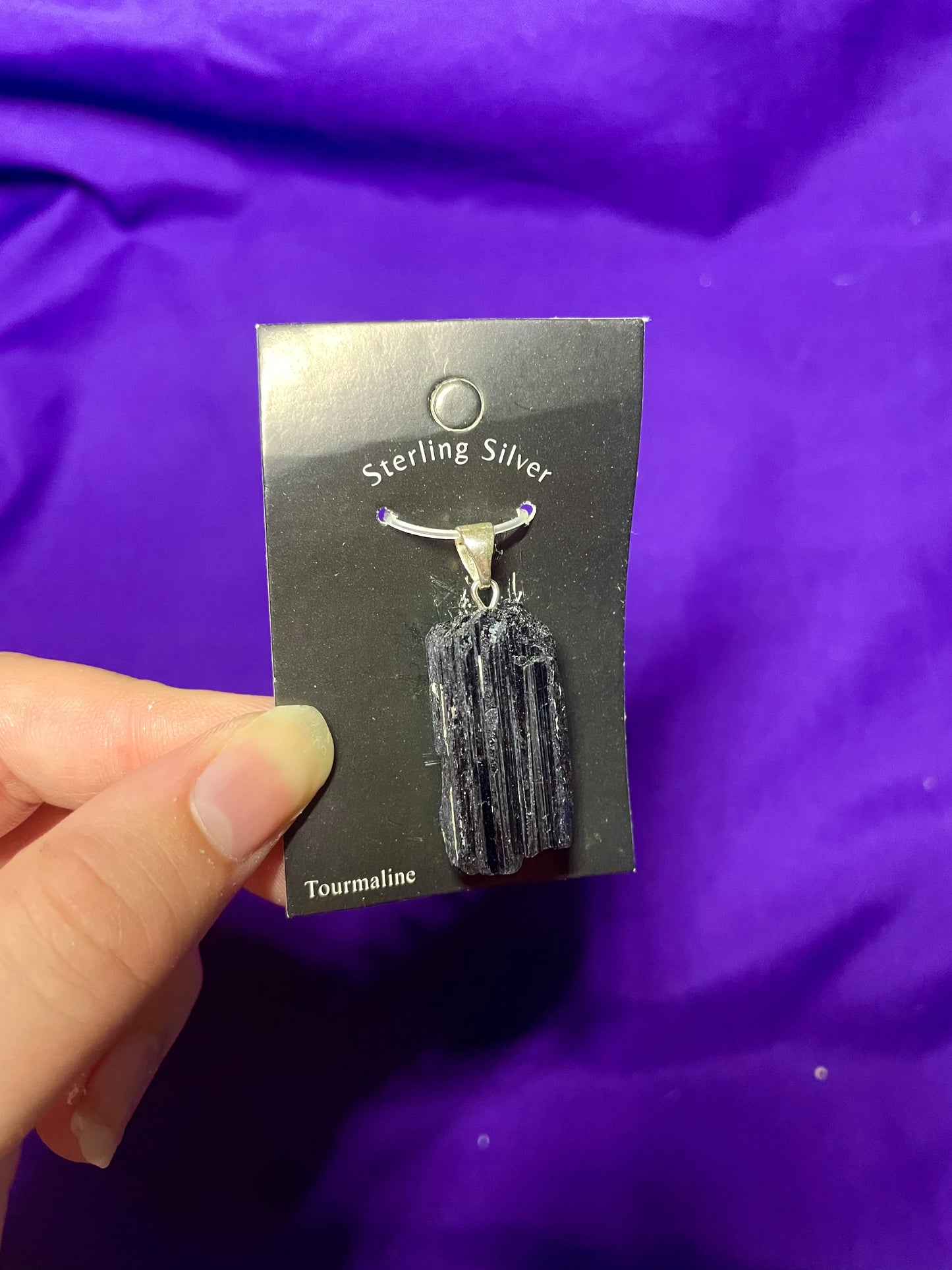 Raw black tourmaline pendant, sterling silver