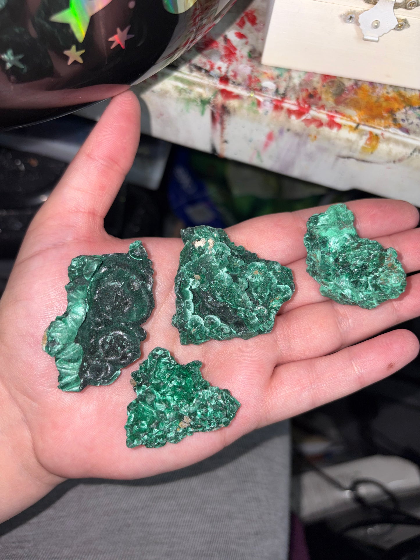 Fibrous malachite specimens