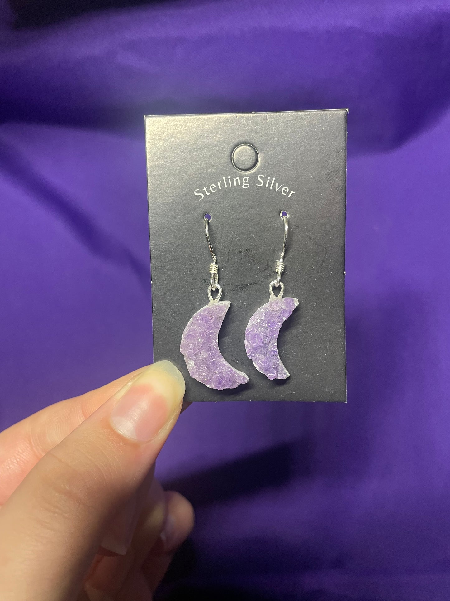 Druzy amethyst moon earrings, sterling silver