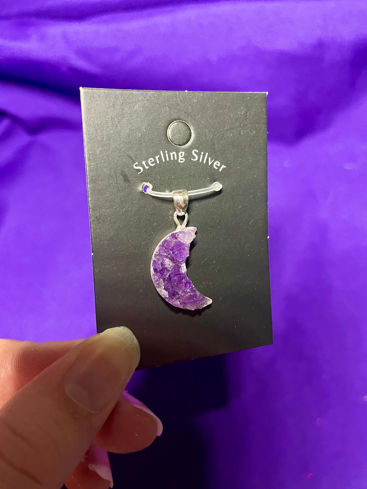 Small Druzy amethyst moon pendant, sterling silver