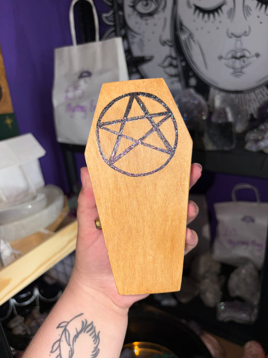 Wooden coffin box with pentagram design