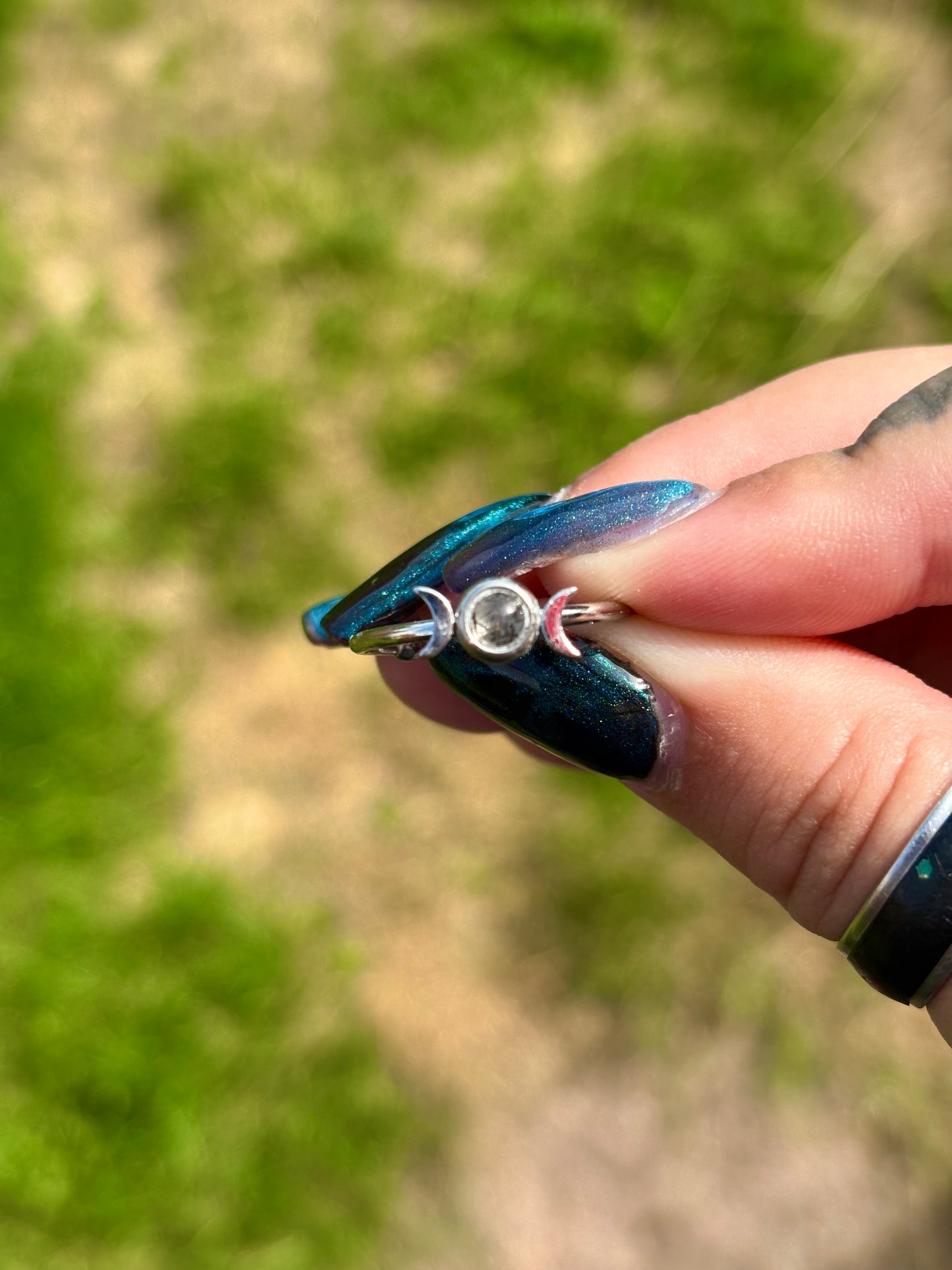 Triple moon gemstone set stainless steel adjustable ring