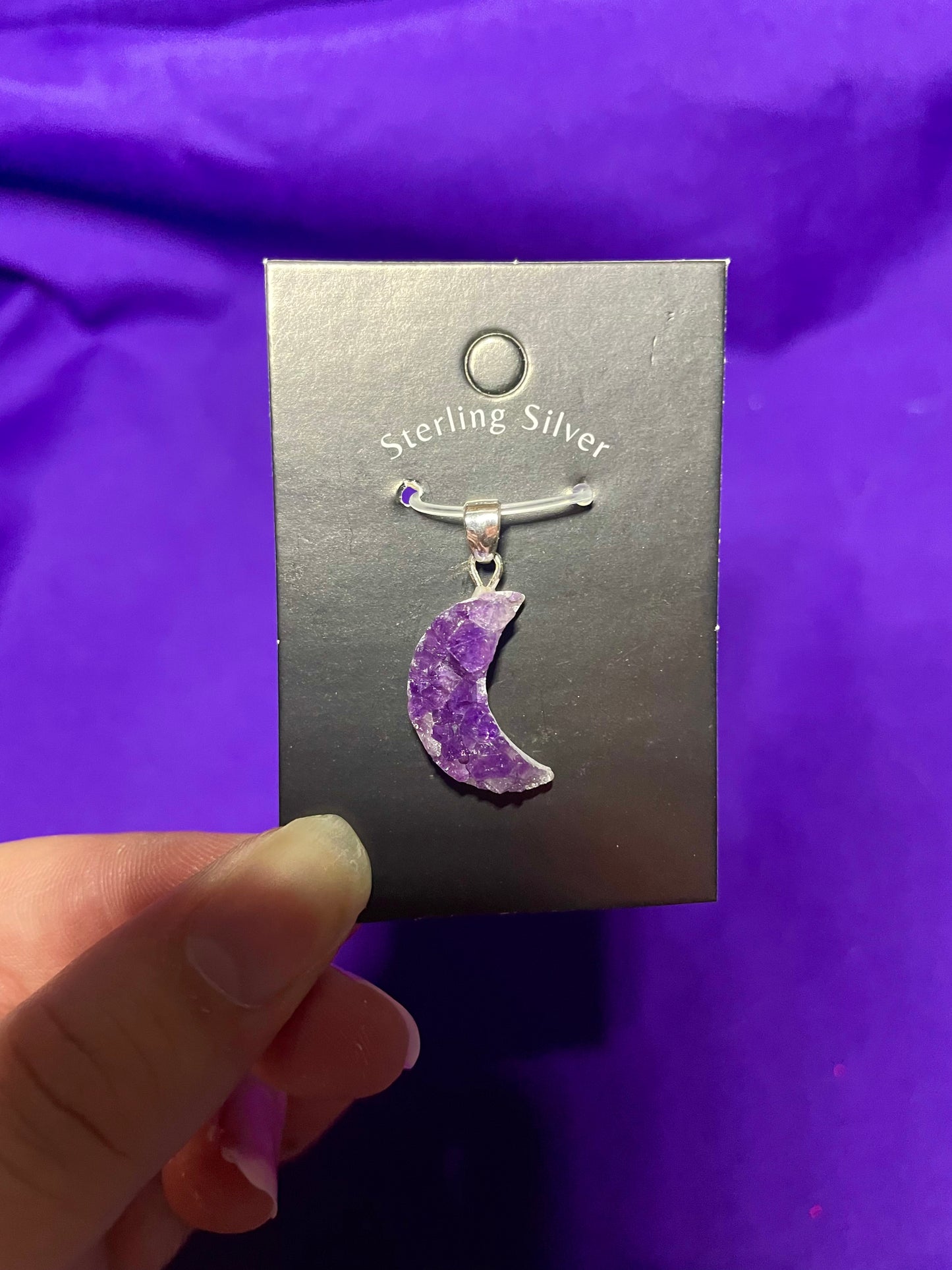 Small Druzy amethyst moon pendant, sterling silver