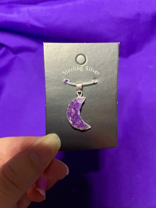 Small Druzy amethyst moon pendant, sterling silver