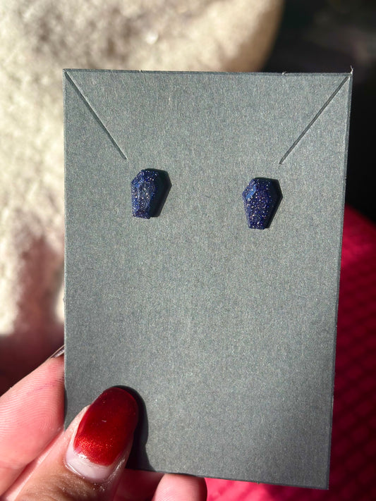 Blue goldstone coffin stud earrings