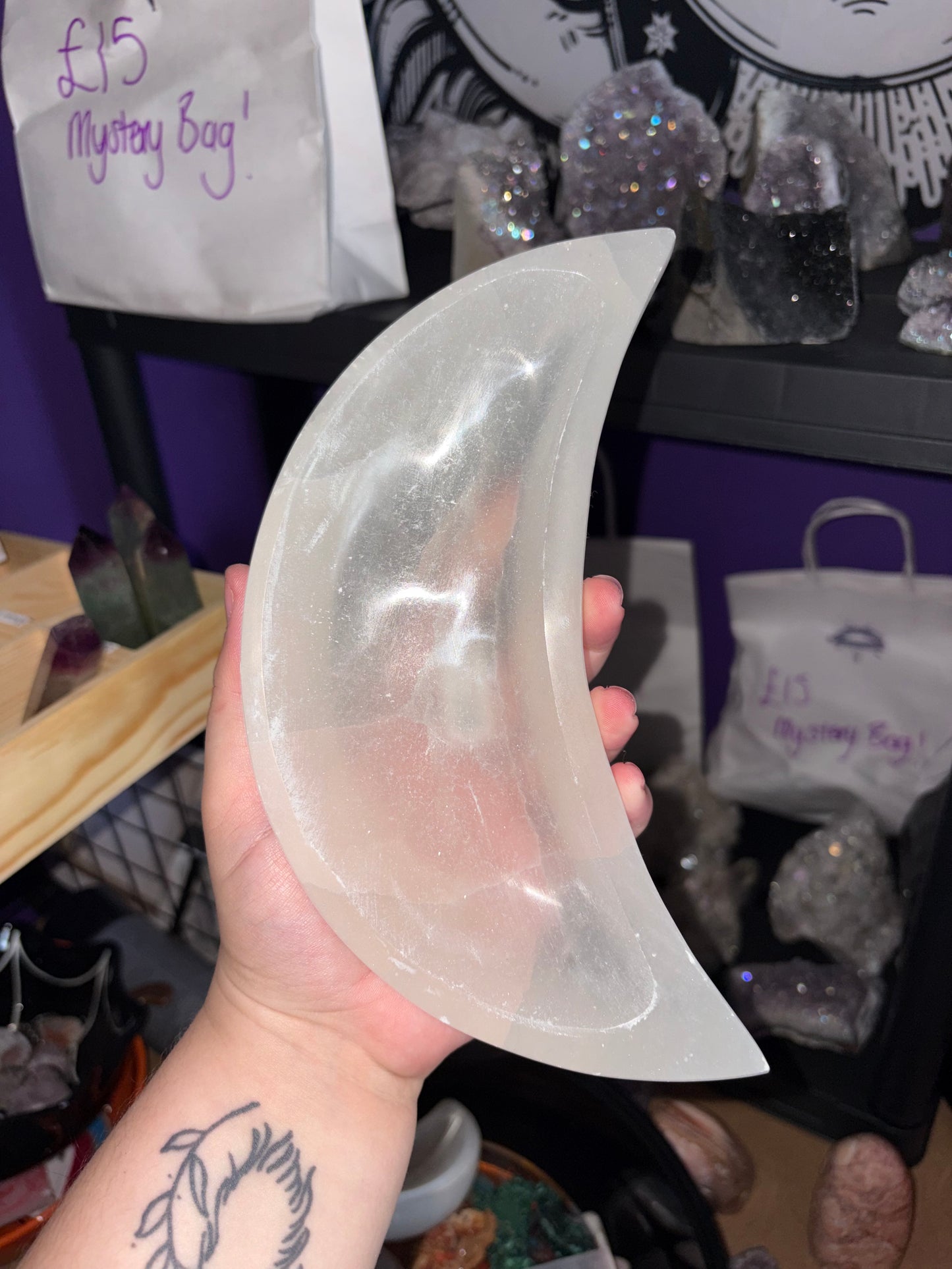 Large selenite moon bowl