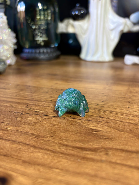Moss agate spider carving