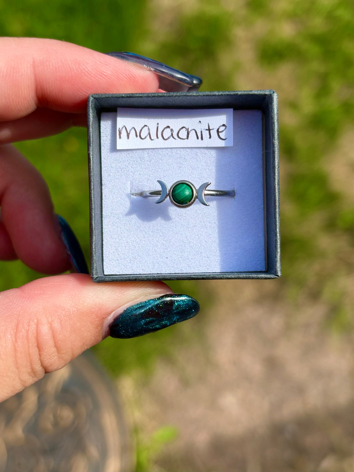 Triple moon gemstone set stainless steel adjustable ring