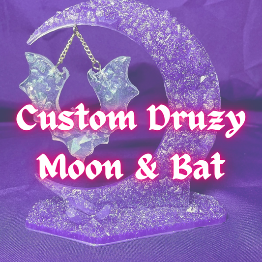 Custom druzy moon with hanging bat