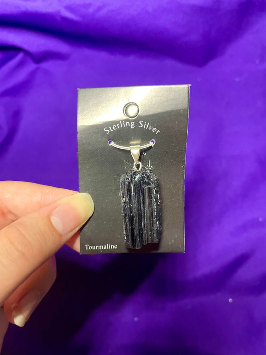 Raw black tourmaline pendant, sterling silver