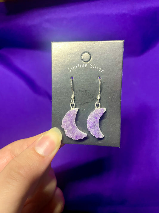 Druzy amethyst moon earrings, sterling silver