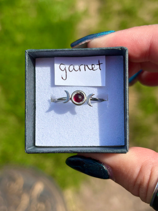 Triple moon gemstone set stainless steel adjustable ring