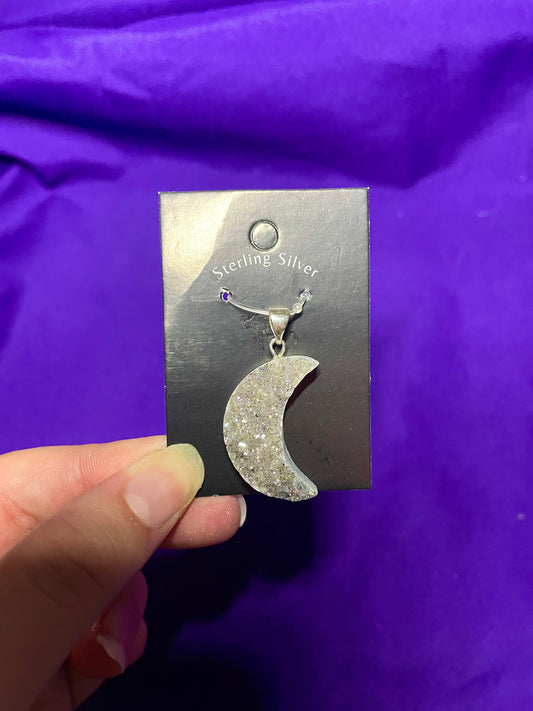 Aura amethyst Druzy moon pendant, sterling silver