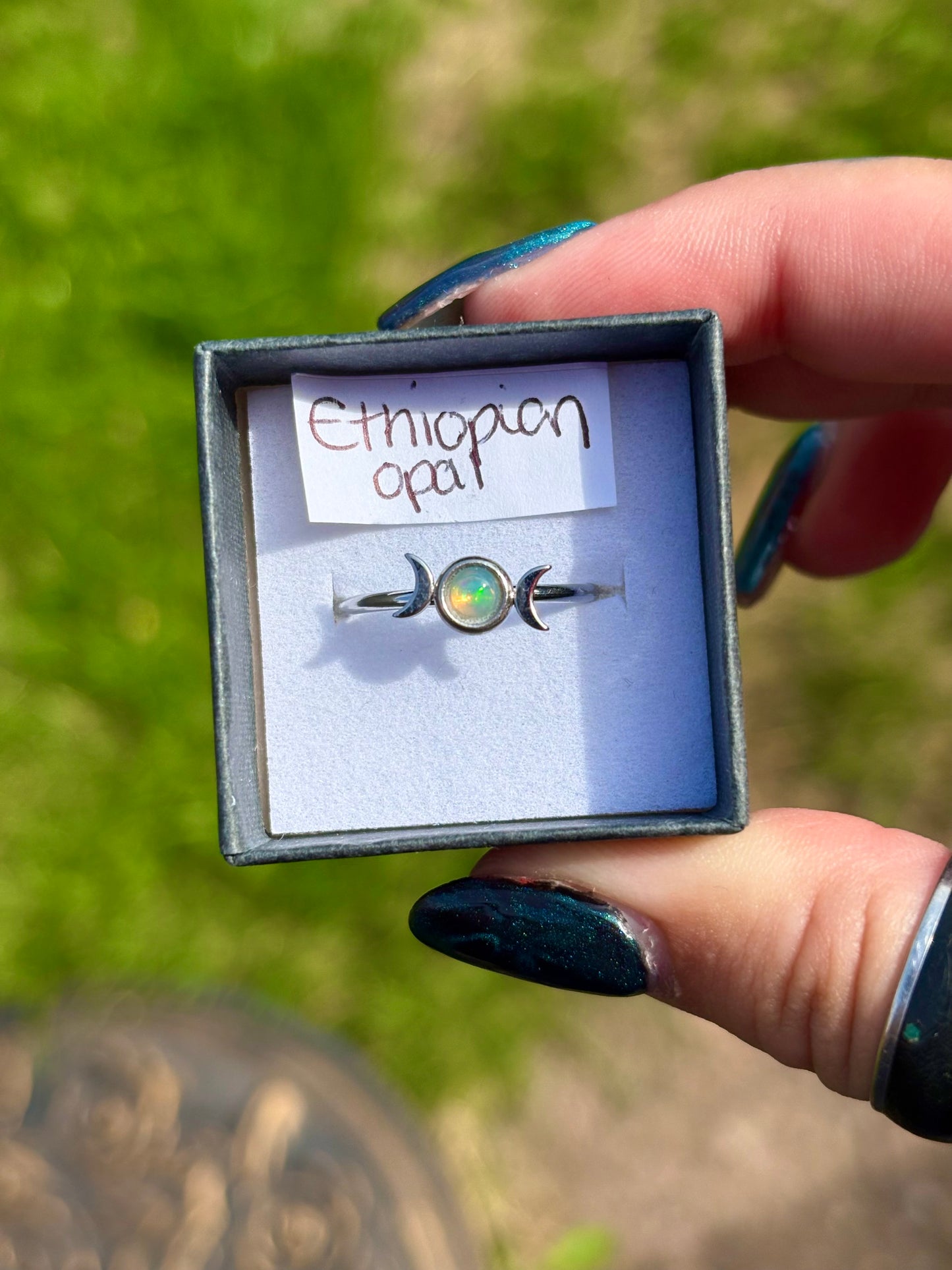 Triple moon gemstone set stainless steel adjustable ring