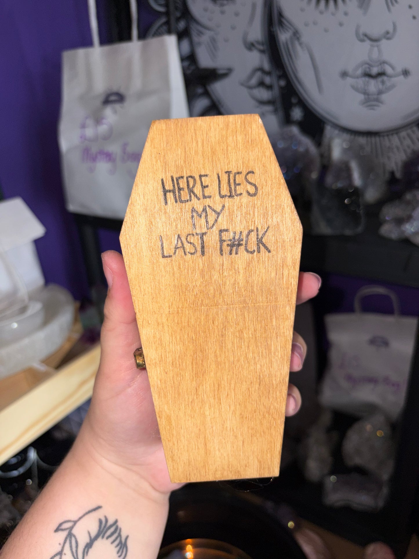 “Here lies my last f#ck” wooden coffin box