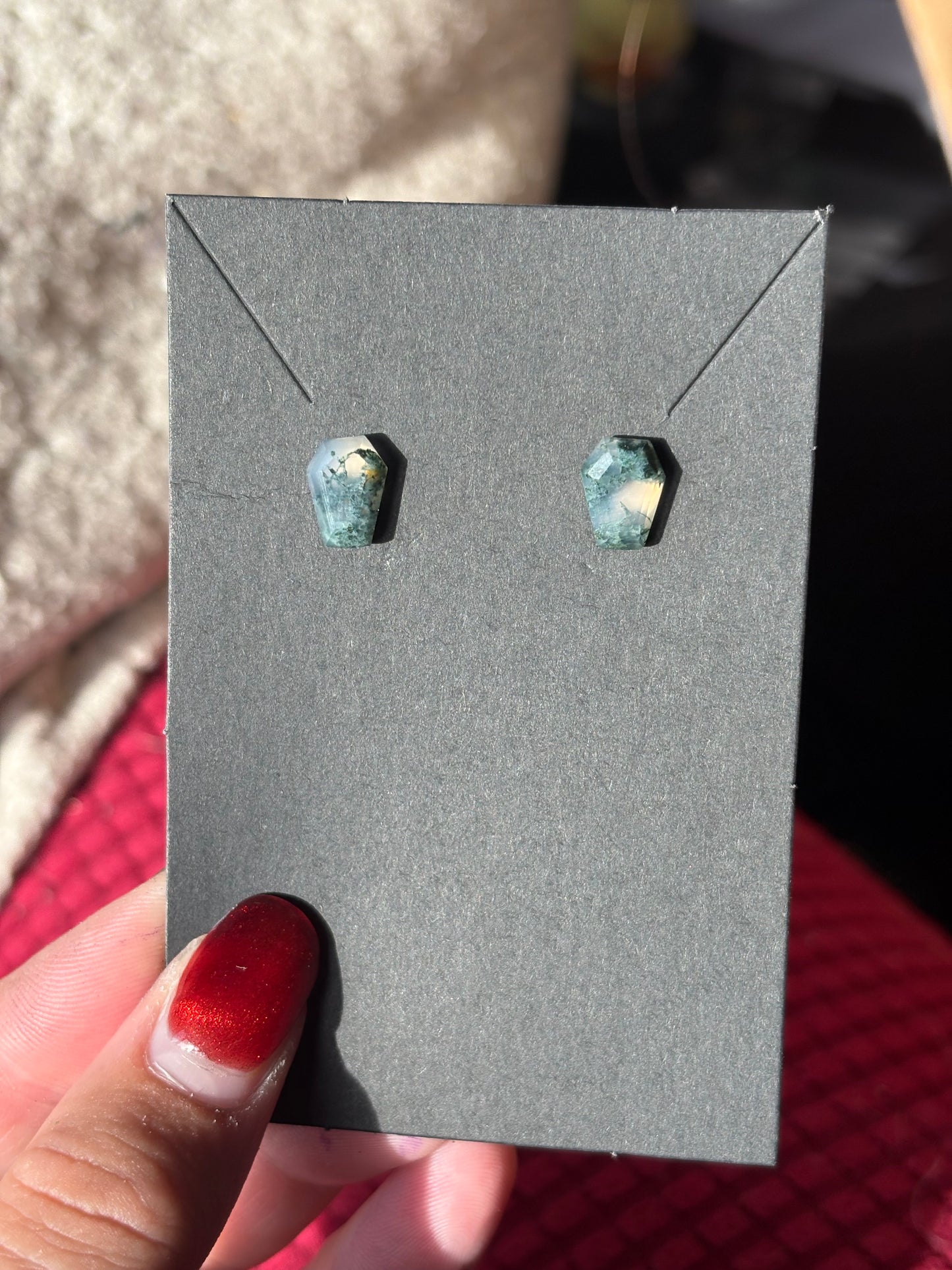Moss agate coffin stud earrings