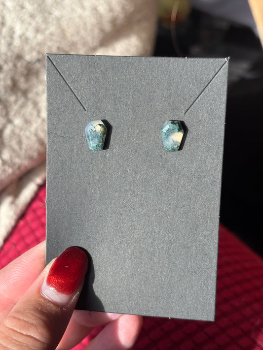 Moss agate coffin stud earrings