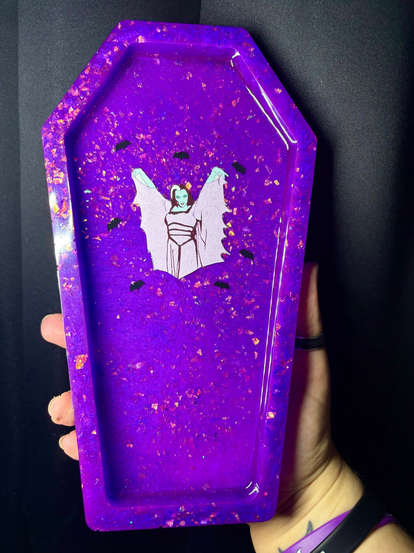 Large lily Munster inspired coffin tray